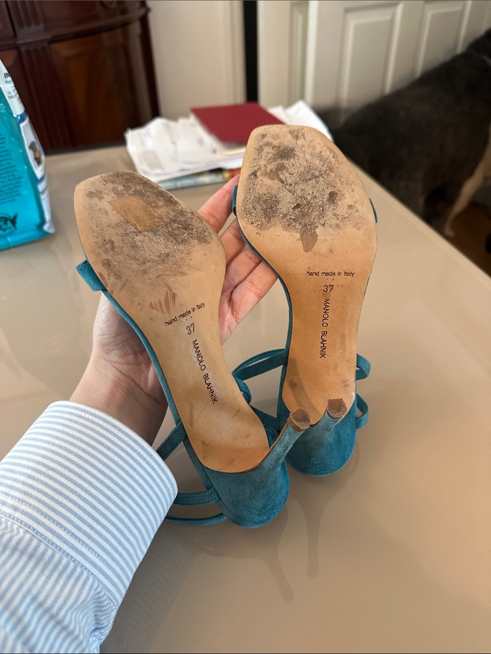 Manolo Blahnik Teal Suede Strappy Square-Toe Sandals - Picture 3 of 4